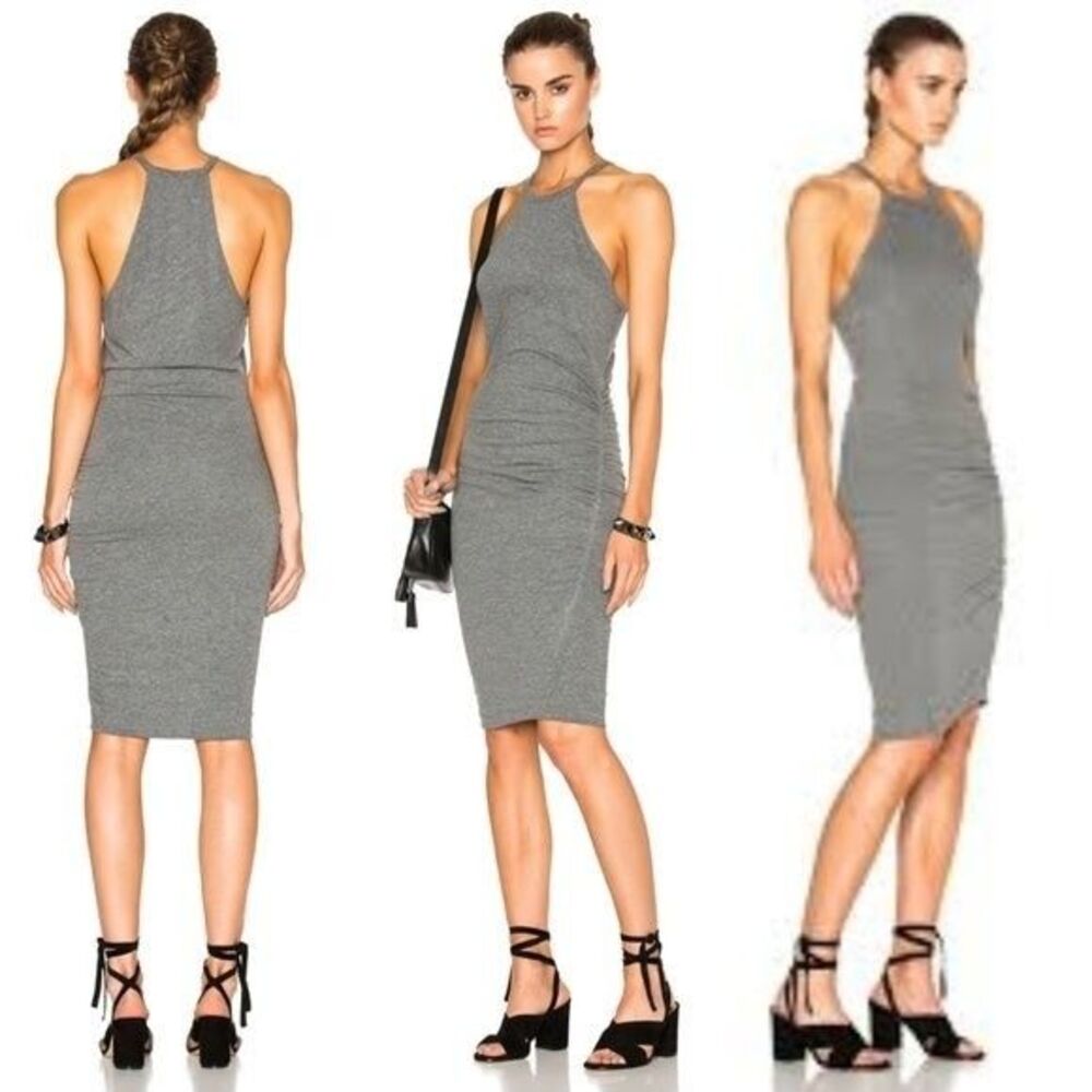 Revolve Pam & Gela Gray Ruched Fitted High Neck Midi Dress Medium